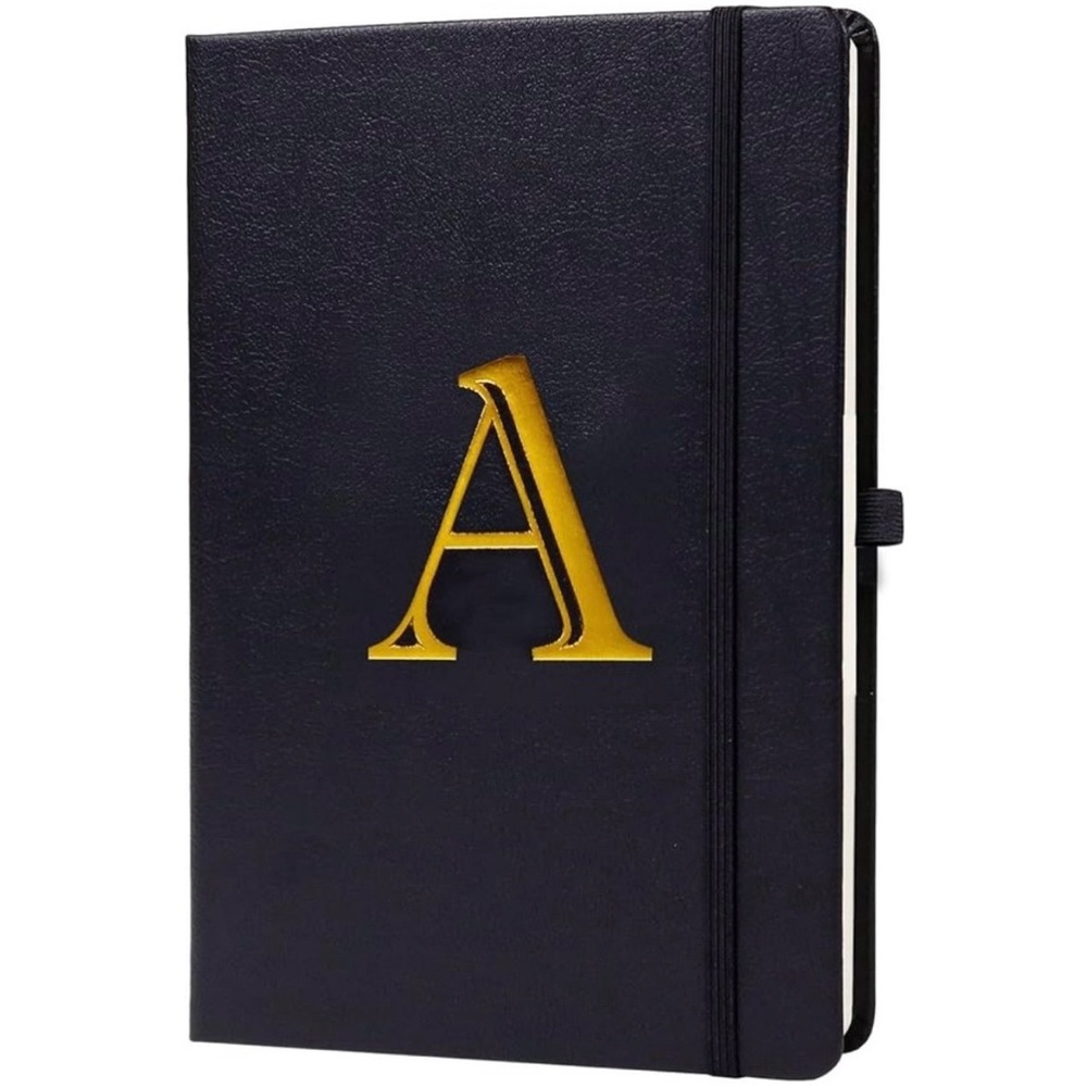 Elegant Black Initial “A” Journal Notebook • Gold Letter, Faux Leather, New